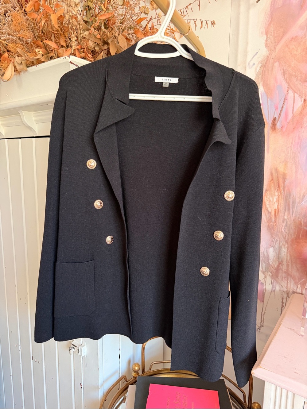 Sioni Black Double-Breasted Knit Blazer with Gold Buttons
